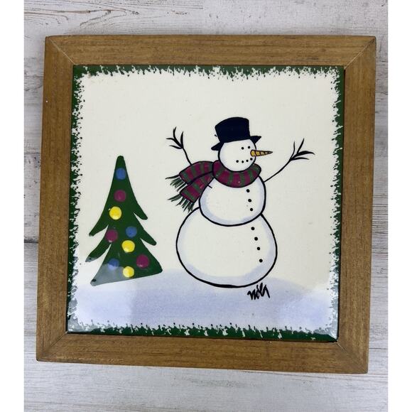Christmas Tile Trivet Nola Watkins Hand Painted Pottery, Framed - Picture 1 of 5
